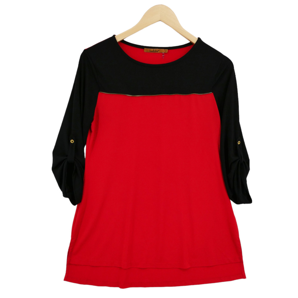 Belldini Women's Black & Red Round Neck Roll Tab Sleeve Hi-Low Blouse Top Size M
